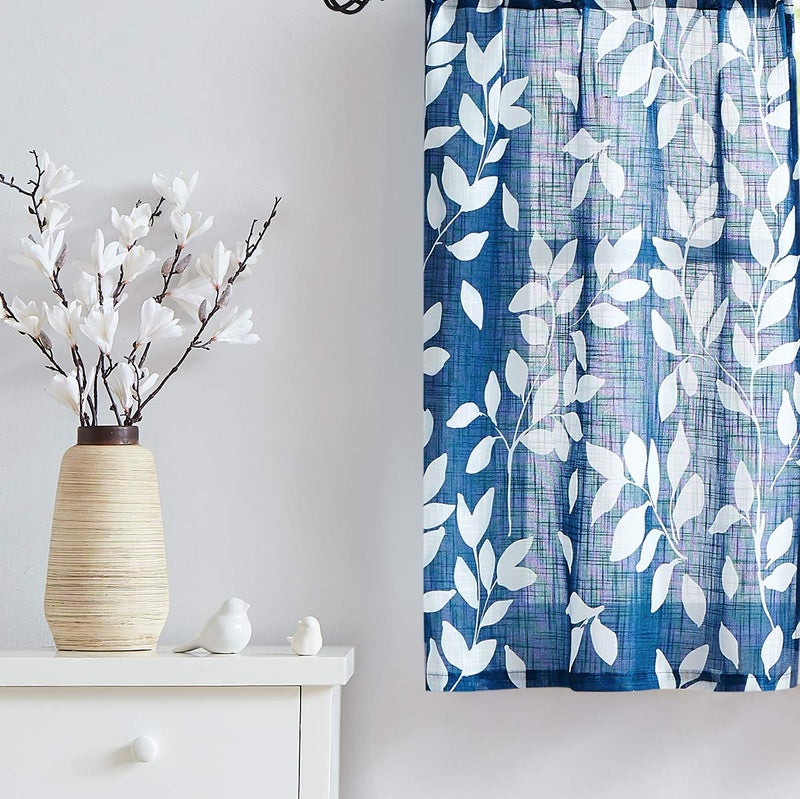 Treatmentex Blue White Kitchen Curtains 24" Small Tier Curtains Bathroom Basement Window Curtain Set Navy Leaf Print 2 Panels - Image 3